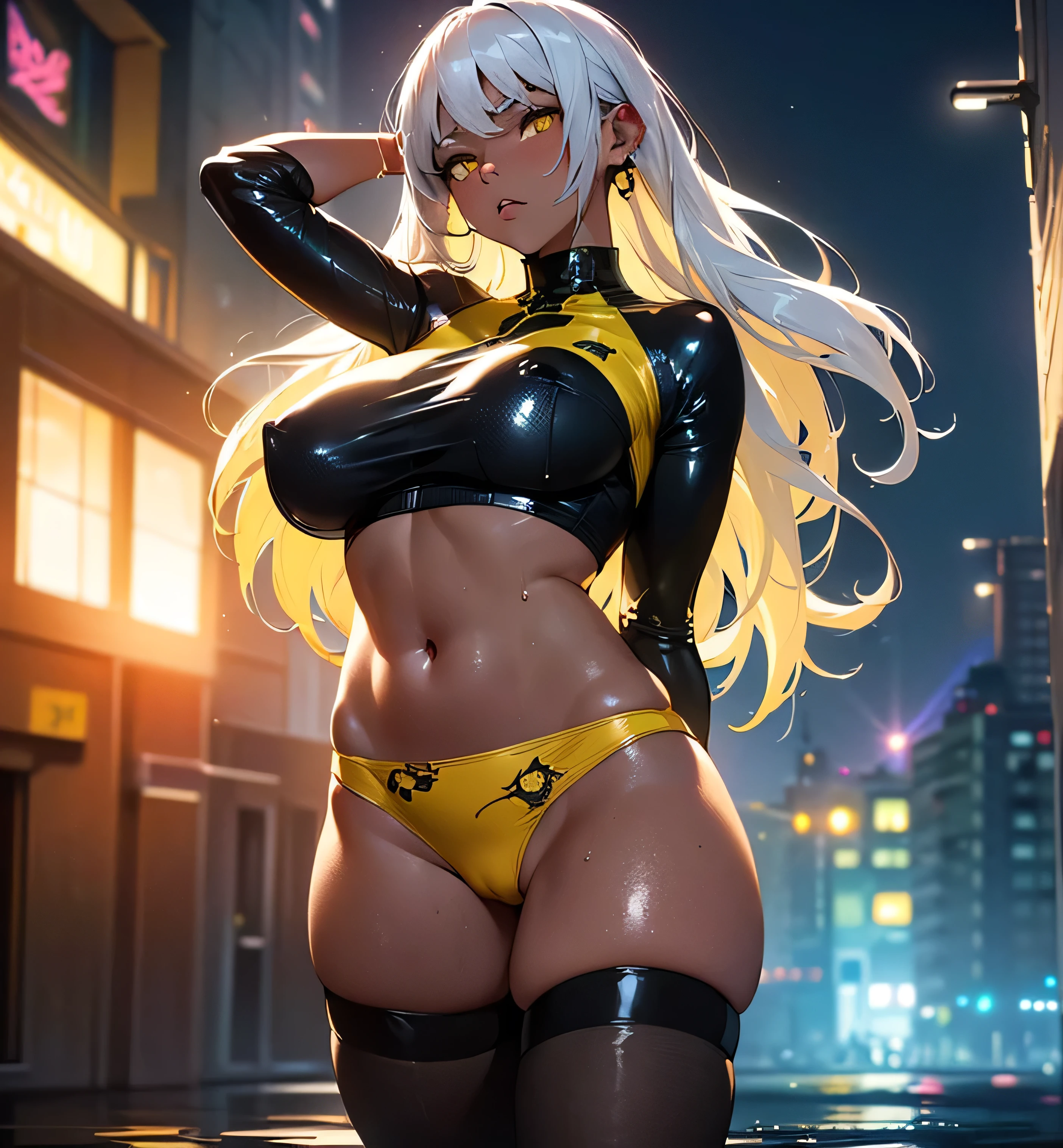 girl rave,(((1girl))),((girl with extremely cute and beautiful white hair)),dark skin,very dark skin,dark_skin,
(large breasts:1.4),saggy breasts,(((white hair:1.35,straight hair,long hair:1.4,colored inner hair,ear breathing))),(((light_yellow_eyes:1.3))),intricate eyes,beautiful detailed eyes,symmetrical eyes,big eyes:1.5,((fat)),((((black girl,black skin,dark-skinned_female,dark skin:1.3,ebony skin,lustrous skin:1.5,bright skin: 1.5,shiny skin,very shiny skin,shiny body,plastic glitter skin,exaggerated shiny skin,shiny skin like ebony,illuminated skin, wet legs))),(spider lower abdomen,narrow waist,wide hip,athletic body,inflated legs,detailed body,(detailed face)),
cute,slutty,seductive,erotic,((nsfw)),
zettai ryouiki,revealing clothing,show skin,((rave shirt with an yellow print,rave mini-skirt,visible thong straps)),((underpants strap)),(wearing a rave outfit:1.3,rave clothes,semi-naked,with little clothing),((wet clothes,intricate outfit,intricate clothes)),
(dynamic pose:1.0),solo focus,embarrassed,(centered,scale to fit dimensions,Rule of thirds),
cyberpunk city by the ocean at night, with bright neon signs and dark stormy clouds and puddles, scenery:1.25,nighttime, starry night, cosmos,Very dark night that makes the neon lights stand out, very bright neon lights,nighttime, starry night, cosmos,
artistic photography,(photography taken by sldr),highres, sharp focus,(ultra detailed, extremely detailed), (photorealistic artwork:1.37),(extremely detailed CG unity 8k wallpaper),((synthwave background theme)),(((vibrant colors))),intricate,(intricate background),(masterpiece),(best quality),perfect rendered face,perfect face details,realistic face,photo realistic,analog style,((intricate detail)),(((realism))),