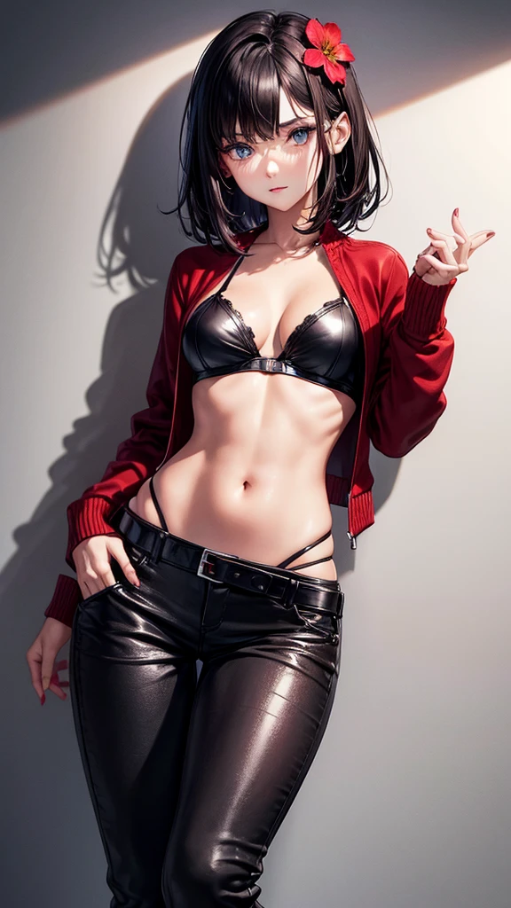 black leather bra, wear a red short cardigan, black long pants, bare belly, midriff, one hand on the waist, pretty girl, short dark brown hair, blue eyes, sexy girl, Flower tattoo below navel