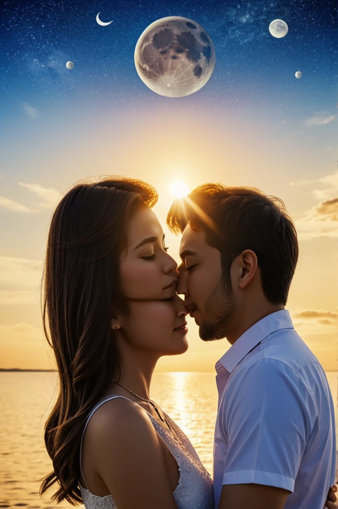 Create an image for lovers with moon and sun and hearts 