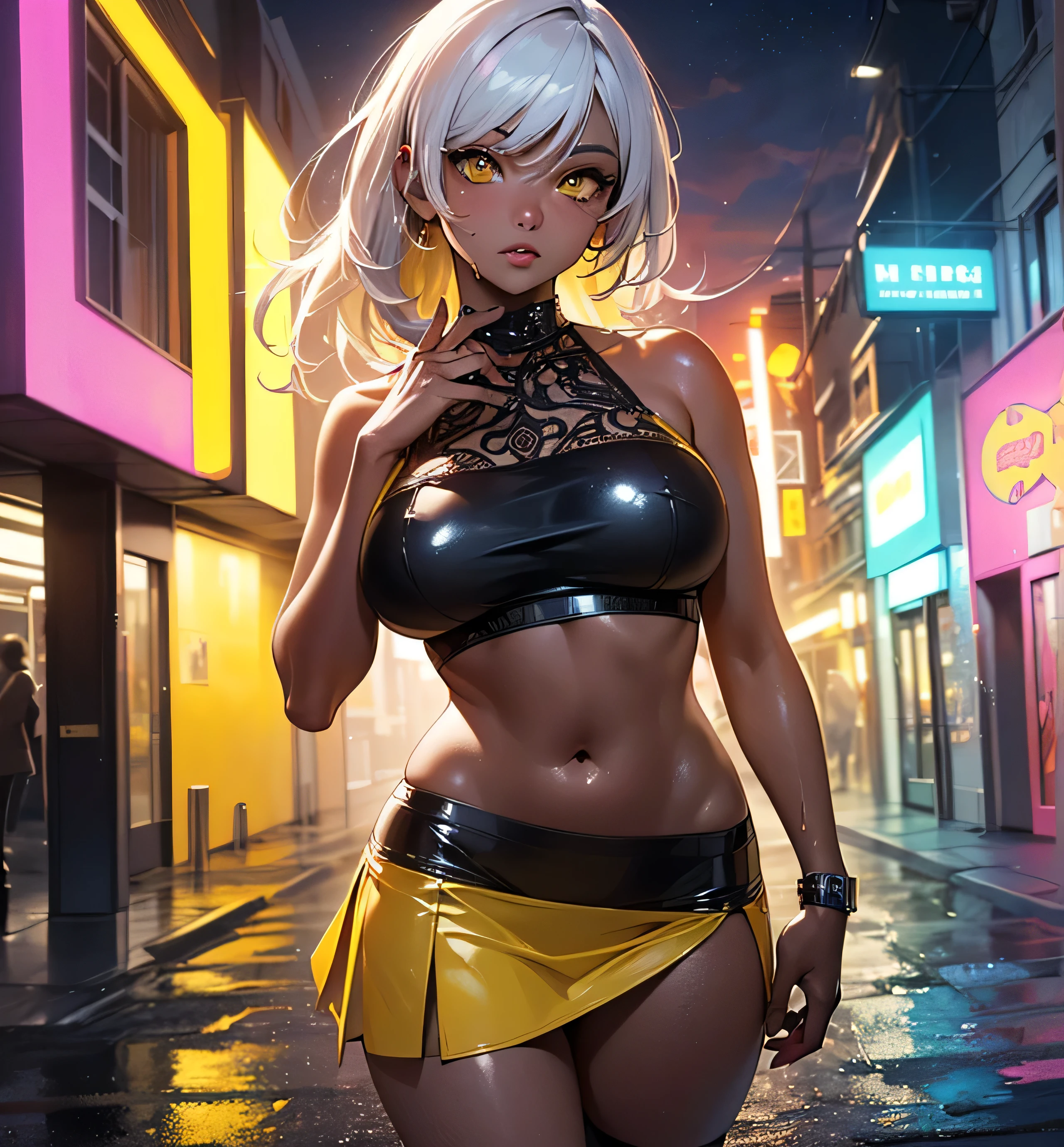 girl rave,(((1girl))),((girl with extremely cute and beautiful white hair)),dark skin,very dark skin,dark_skin,

(large breasts:1.4),saggy breasts,(((white hair:1.35,straight hair,long hair:1.4,colored inner hair,ear breathing))),(((light_yellow_eyes:1.3))),intricate eyes,beautiful detailed eyes,symmetrical eyes,big eyes:1.5,((fat)),((((black girl,black skin,dark-skinned_female,dark skin:1.3,ebony skin,lustrous skin:1.5,bright skin: 1.5,shiny skin,very shiny skin,shiny body,plastic glitter skin,exaggerated shiny skin,shiny skin like ebony,illuminated skin, wet legs))),(spider lower abdomen,narrow waist,wide hip,athletic body,inflated legs,detailed body,(detailed face)),

cute,slutty,seductive,erotic,((nsfw)),

zettai ryouiki,revealing clothing,show skin,((rave shirt with an yellow print,rave mini-skirt,visible thong straps)),((underpants strap)),(wearing a rave outfit:1.3,rave clothes,semi-naked,with little clothing),((wet clothes,intricate outfit,intricate clothes)),

(dynamic pose:1.0),solo focus,embarrassed,(centered,scale to fit dimensions,Rule of thirds),

cyberpunk city by the ocean at night, with bright neon signs and dark stormy clouds and puddles, scenery:1.25,nighttime, starry night, cosmos,Very dark night that makes the neon lights stand out, very bright neon lights,nighttime, starry night, cosmos,

artistic photography,(photography taken by sldr),highres, sharp focus,(ultra detailed, extremely detailed), (photorealistic artwork:1.37),(extremely detailed CG unity 8k wallpaper),((synthwave background theme)),(((vibrant colors))),intricate,(intricate background),(masterpiece),(best quality),perfect rendered face,perfect face details,realistic face,photo realistic,analog style,((intricate detail)),(((realism))),