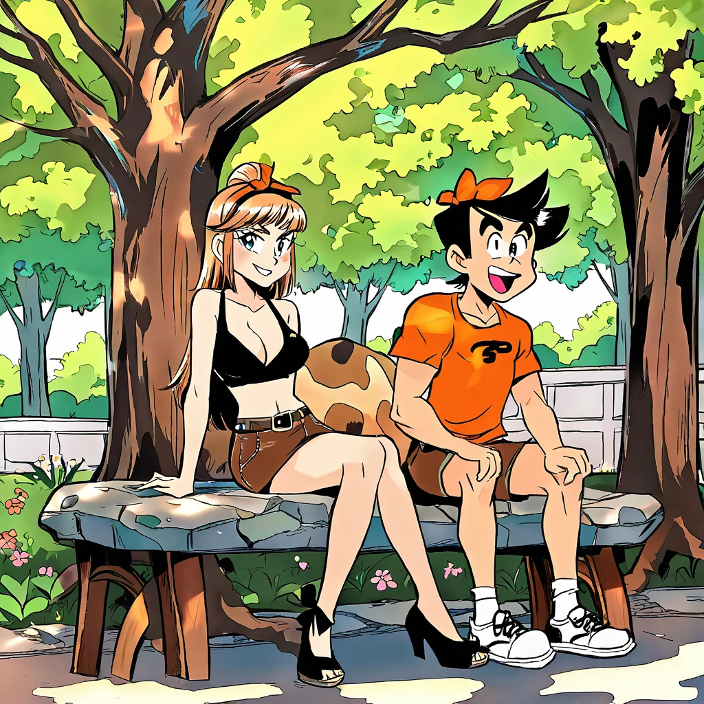 Fred and Wilma Flintstone sitting on a stone bench in the park