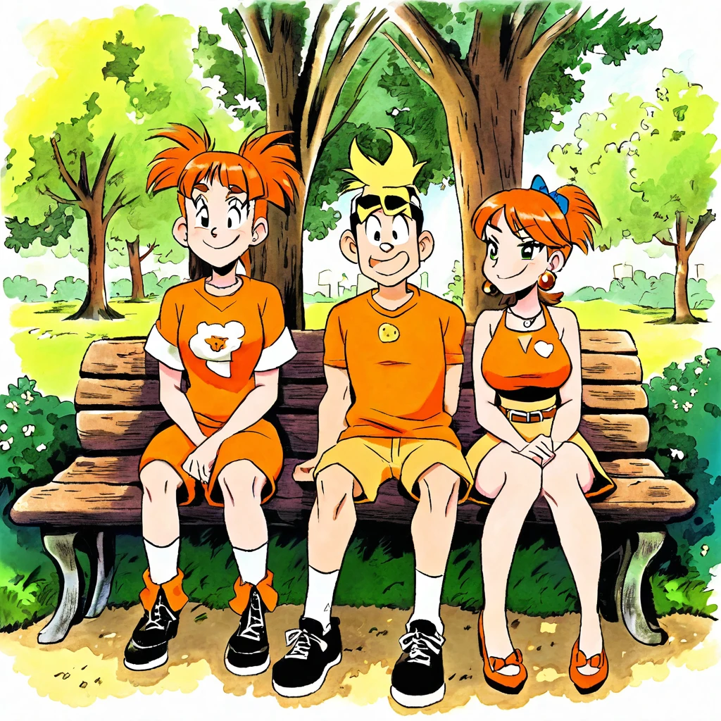 Fred and Wilma Flintstone sitting on a stone bench in the park
