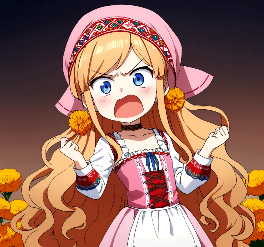 golden orange hair, gradient hair, very long hair, swept bangs, sidelocks, curly hair, wavy hair, (((((head scarf))))), head bandana, pink apron, flower in hair, marigold, orange flower, blue eyes, dirndl, pink dress, pink dirndl, long sleeves, waist apron, white apron, bow on waist, blue bow, , polish clothing, Slavic clothing, Hungarian clothing, anime, cute, flat chest, solo, exaggerated expression, open mouth, angry, yelling, X