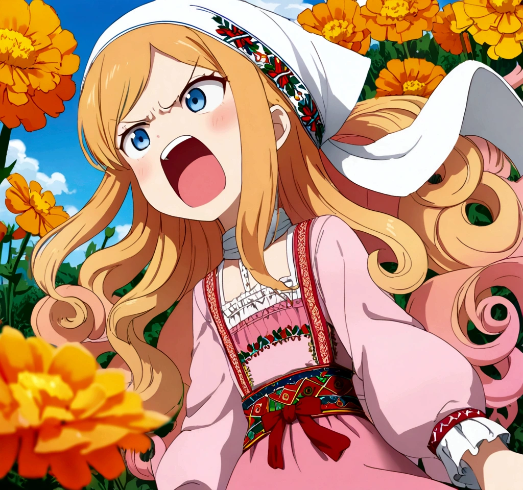 golden orange hair, gradient hair, very long hair, swept bangs, sidelocks, curly hair, wavy hair, (((((head scarf))))), head bandana, pink apron, flower in hair, marigold, orange flower, blue eyes, dirndl, pink dress, pink dirndl, long sleeves, waist apron, white apron, bow on waist, blue bow, , polish clothing, Slavic clothing, Hungarian clothing, anime, cute, flat chest, solo, exaggerated expression, open mouth, angry, yelling, X