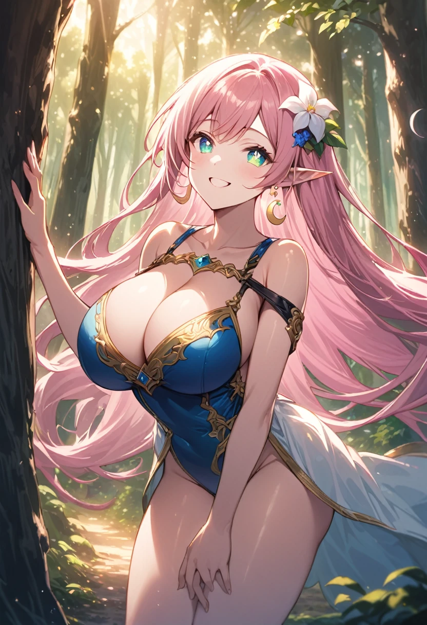 One girl, ( Hair that falls over the shoulders, Very long hair, very thick hair), Pink Hair Color, (Beautiful attention to detail, Green and blue eye color, Star-shaped pupil, Diamond-shaped pupils), Forest Location, Around a tall tree, smile, Joyful , Large Breasts, Cleavage, Crescent moon earrings, student, High Elf Clothing, Fantasy, Floral (Beautifully detailed jewel leather color), (Hair Flower Hairpins), Abusing lens flares, chromatic aberration, High detail, anime, Romanticism, About Art, Depth of written boundary, Motion Blur, Shining Light, Film Grain, 超High resolution, retina, Accurate, masterpiece, Anatomically correct, Textured skin, Super detailed, High details, high quality, Awards, 最high quality, High resolution, 16K, Put your hands behind your back
