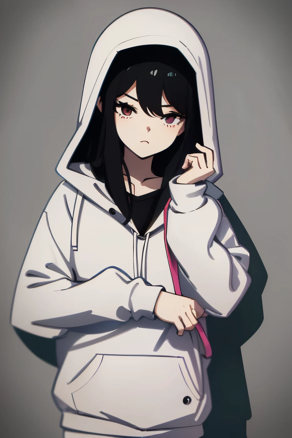 Create a colorful image of a girl with dark hair, wearing a white hoodie, in a modern anime style with old aesthetic influences, combining cartoon and pixel art elements. The image should have a vibrant and contemporary feel while maintaining a touch of vintage, cartoony, and pixelated appearance.