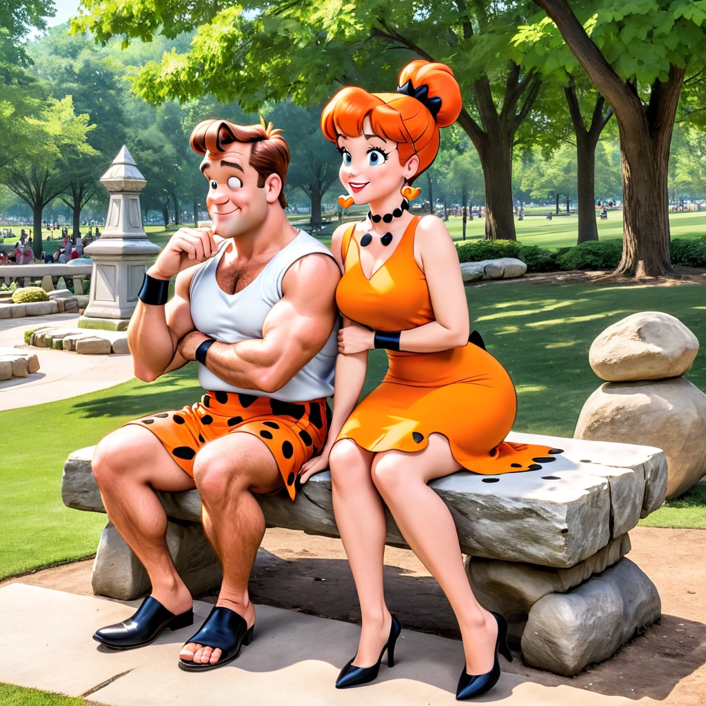 Fred and Wilma Flintstone sitting on a stone bench in the park