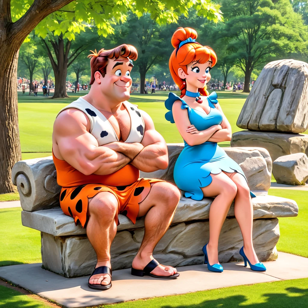 Fred and Wilma Flintstone sitting on a stone bench in the park