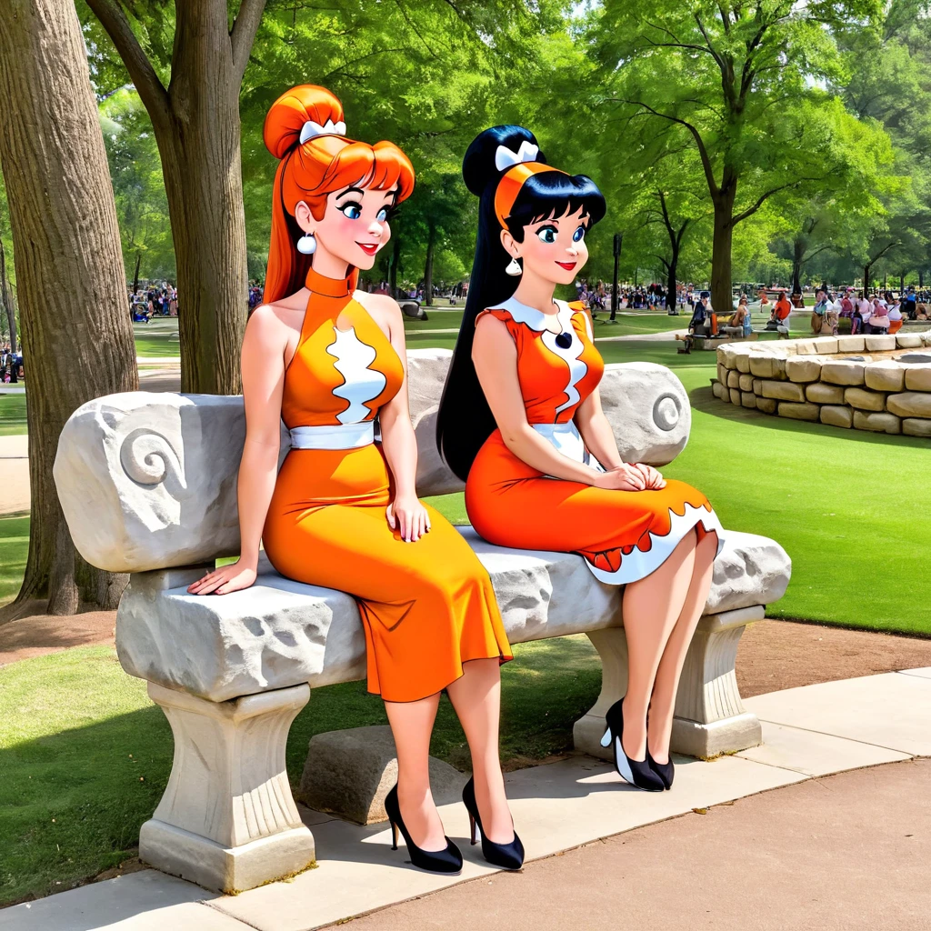 Fred and Wilma Flintstone sitting on a stone bench in the park