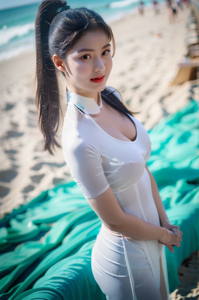 big breasts, round breasts, wearing bra inside ao dai, slim figure, beautiful figure, big breasts, ponytail, sharp 8k quality photo, ((beautiful, sharp, balanced face details) for )), ((beautiful breasts, exposed cleavage, plump body), ((beautiful sparkling eyes, sharp eye details, beautiful face)), at the beach there are many bikinis, white sand beach, sea water blue, many people at the beach((super beautiful body with high details, tight body, big bust, slim waist)), ((thin cleavage, round breasts)), (((wearing a white bra, no pants )))