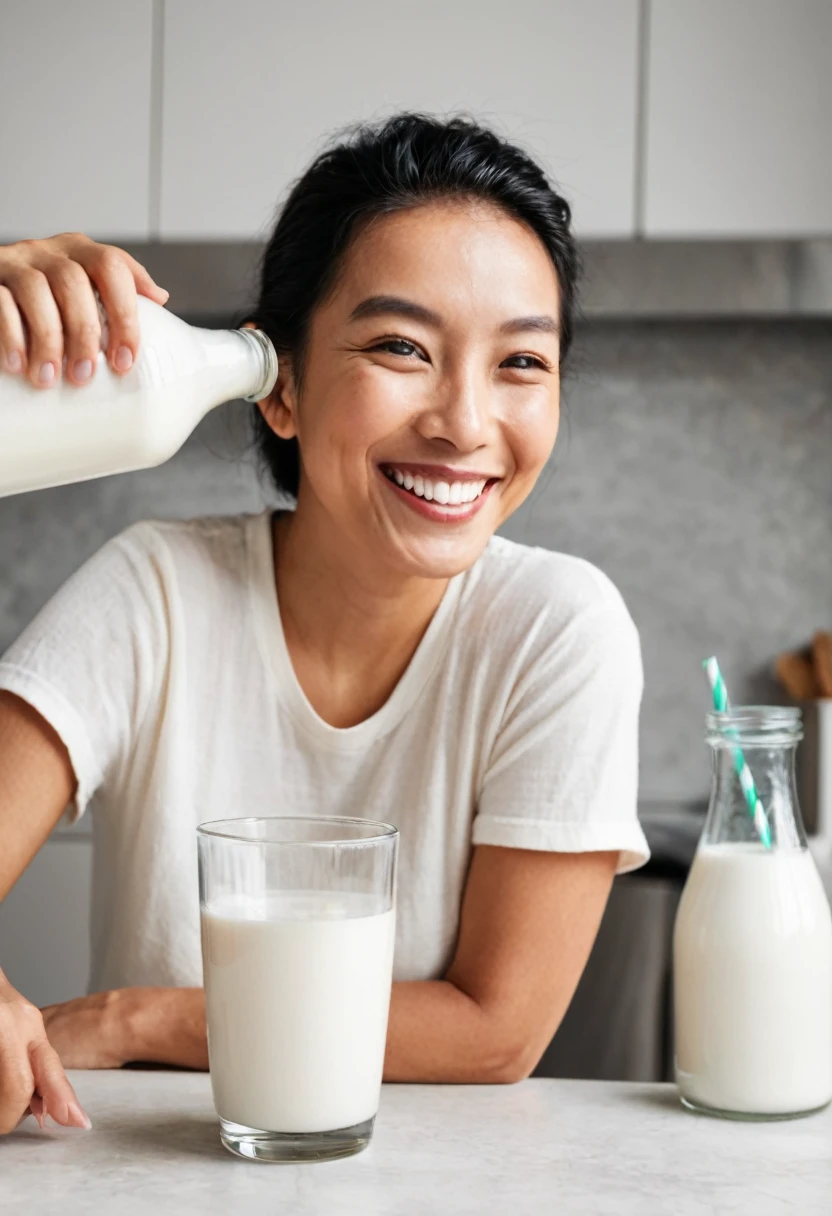 rice milk being poured into a glass,a person smiling while taking a sip