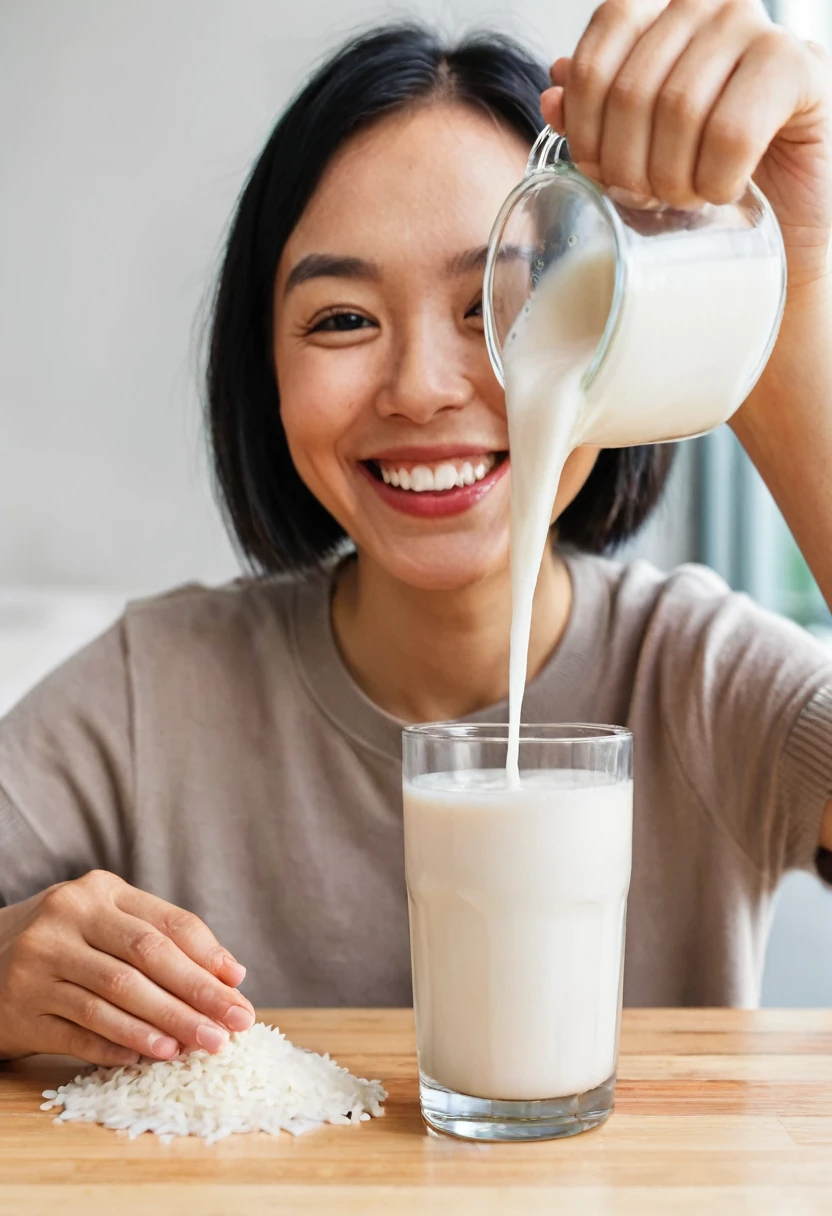 rice milk being poured into a glass,a person smiling while taking a sip