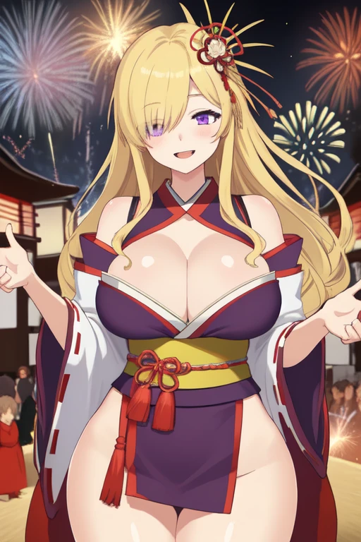 ((Best Quality)), ((Masterpiece)), (detailed), 1 girl, Pastel yellow hair, long hair, hair covers one eye, purple eyes, tight, big breasts, big thighs, expression smiling shy, japanese festival clothing, at a fireworks festival