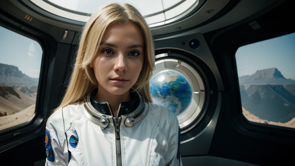 beautiful blond woman, futuristic astronaut suit, staring at camera, alien planet background, medium shot