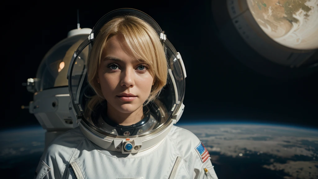 beautiful blond woman, futuristic astronaut suit, staring at camera, alien planet background, medium shot