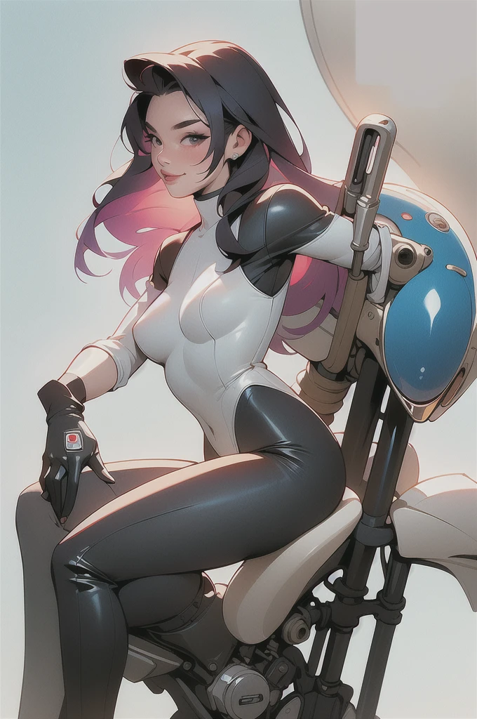 masterpiece, (masterpiece, top quality, best quality),1girl, solo, bodysuit, breasts, long hair, white background, smile, simple background, medium breasts, helmet, looking at viewer, skin tight, sitting, lips, blue bodysuit, motorcycle, black gloves, gloves