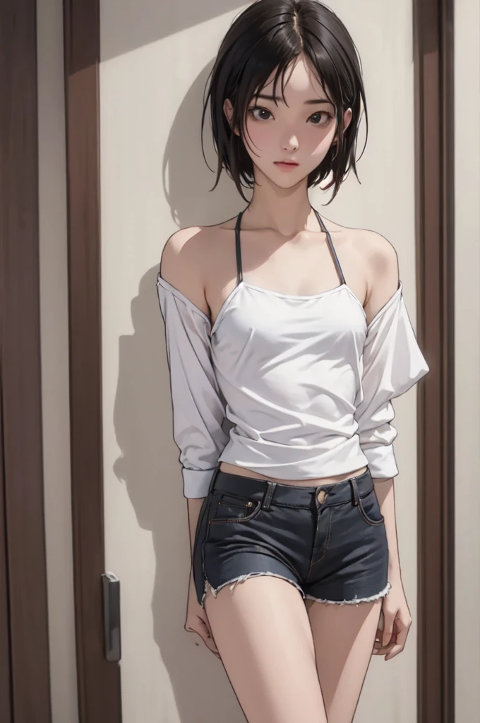 ((masterpiece, best quality)),((highres:1.2)), 1 Girl, solo, Cowboy Shot, Blurred Background, (((Small breasts))), Thighs, (camisole), Off the shoulder, Shorts