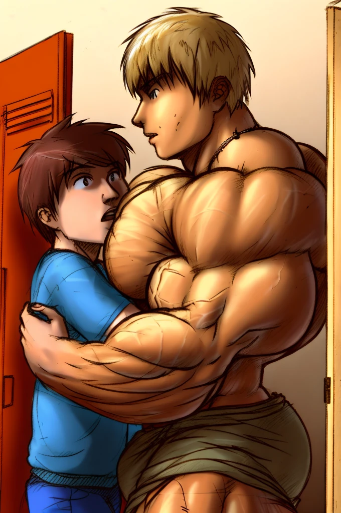 Handsome man with young boy, muscular, naked, in locker room, naked two boys.