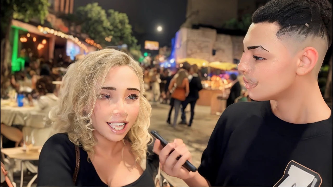 Modify this image by adding elements to the background, like a party, add lots of absurdly beautiful women behind them.