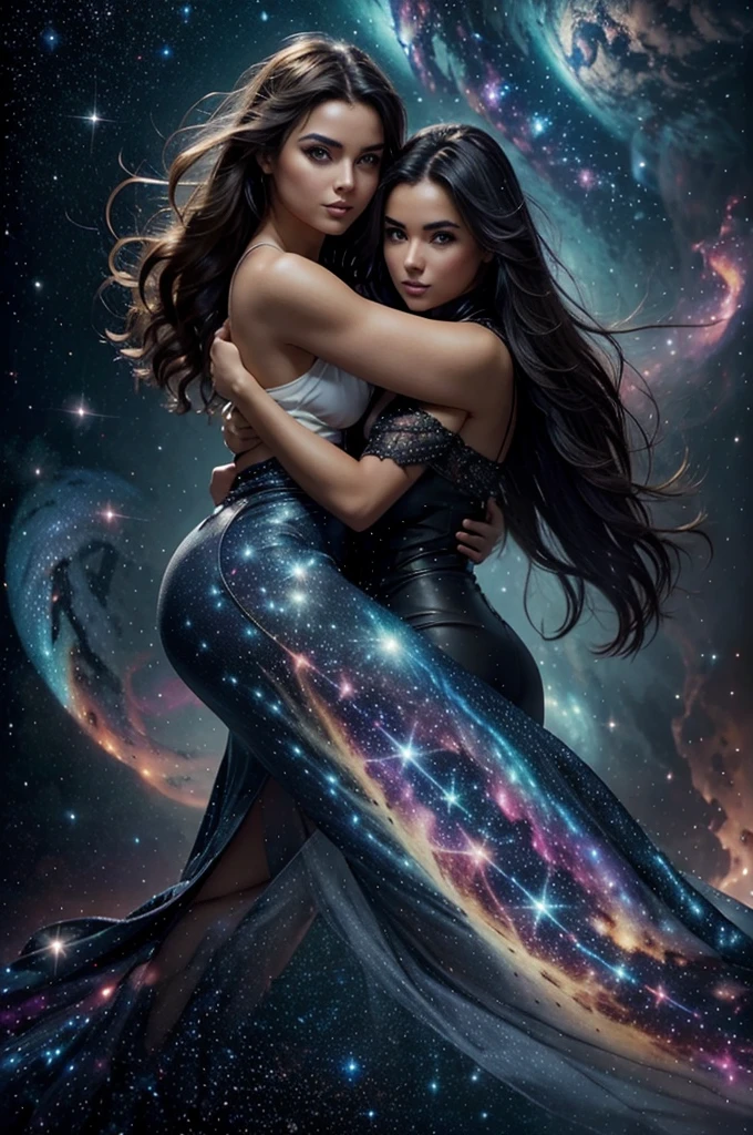 trois femmes, calin, hugging, détail élevé, super détail, super haute résolution, fille très sexy, profiter de son temps dans la galaxie des rêves, entouré d'étoiles, une lumière chaude 'éclairait, Tout le corps, l'rrière-plan est un ciel étoilé avec des galaxies colorées et des nuages de galaxies, des étoiles volent autour d'elle, visage délicat, ambiance ludique,