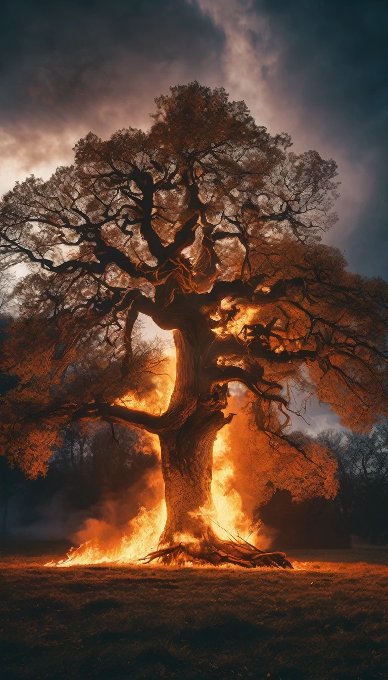 Hyperrealistic photo of a giant oak tree, which is struck by lightning and set on fire. There is the silhouette of the Nordic god Thor, who holds his hammer Mjolnir and looks at the fire, that he caused. Winter stock, Fotografie fxvijaya, Cinema atmosphere, photorealestic, uhd image, traditional portrait painting, ultra HD, dark, Ominous colors, Snapshots, grid-based