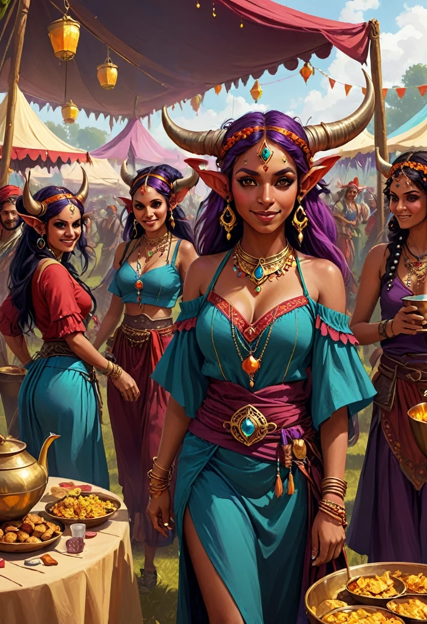 tieflings at a festival Gypsies, fantasy illustration style