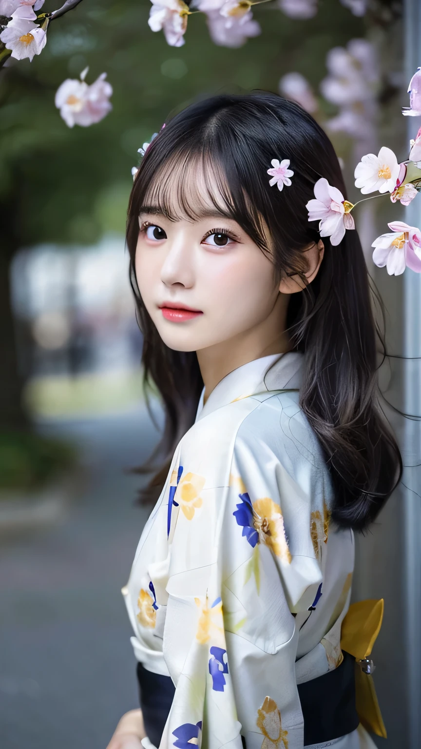 (kimono)、Random Shot、、、Random pose、(Many small petals flutter down:1.2)、(Wind:1.2)、(Highest quality,masterpiece:1.3,Ultra-high resolution,),(Ultra-detailed,Caustics),(Photorealistic:1.4,RAW shooting,)Ultra-Realistic Capture,Very detailed,High resolution 16K for human skin、 The skin texture is natural、、The skin looks healthy、The color is also uniform.、 Use natural light and color,One Woman,Japanese,,cute,Black-haired,Mid-length hair,(Depth of written boundary、chromatic aberration、、Wide range of lighting、Natural Shading、)、