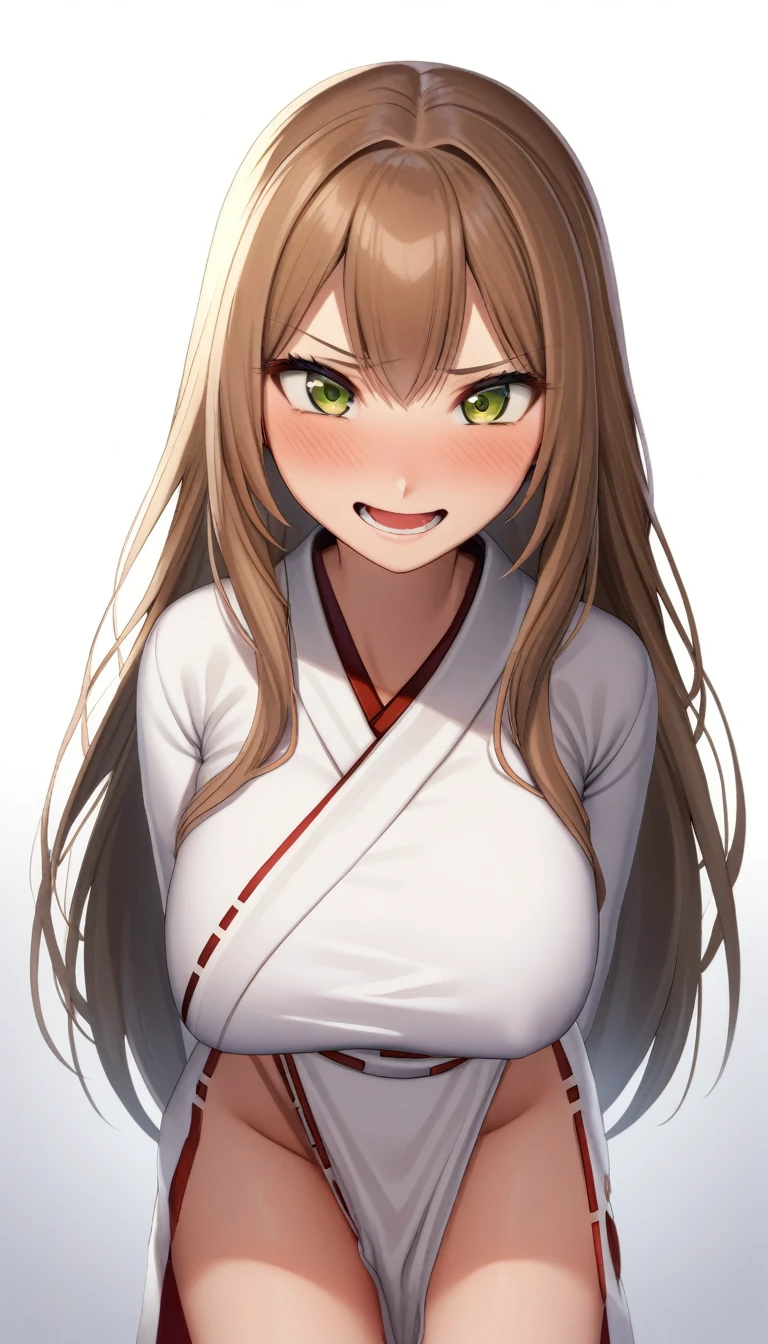 NSFW,((Maho Nishizumi )), (Space with a perfect white background), (1 woman), Lori, (13 years old), 1 woman, alone, long hair, big tits, looking at viewer, ((miko)) , laugh, (((Immediately after being raped)))