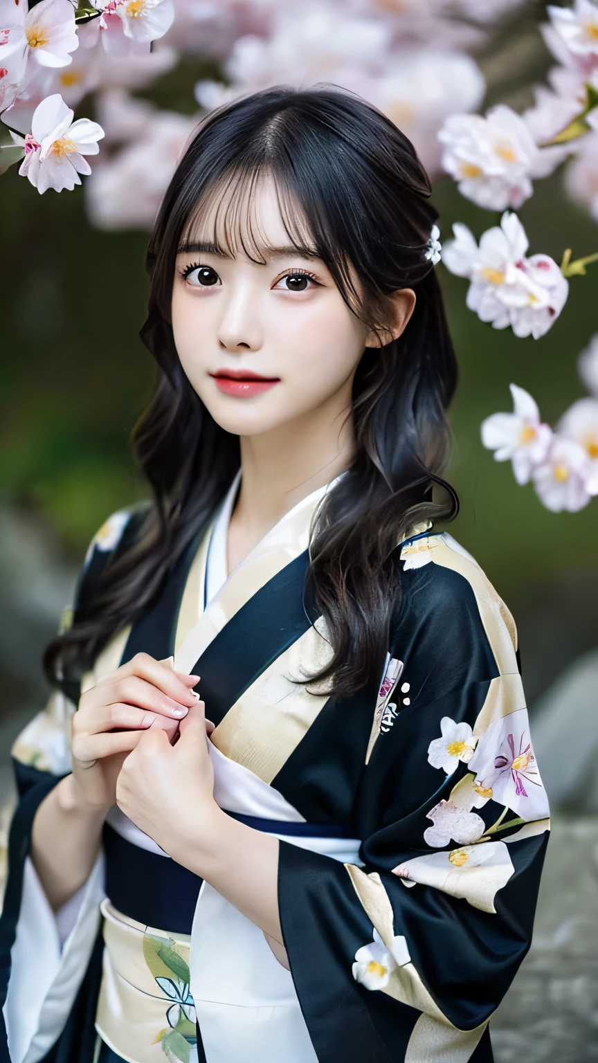 (kimono)、Random Shot、、、Random pose、(Many small petals flutter down:1.2)、(Wind:1.2)、(Highest quality,masterpiece:1.3,Ultra-high resolution,),(Ultra-detailed,Caustics),(Photorealistic:1.4,RAW shooting,)Ultra-Realistic Capture,Very detailed,High resolution 16K for human skin、 The skin texture is natural、、The skin looks healthy、The color is also uniform.、 Use natural light and color,One Woman,Japanese,,cute,Black-haired,Mid-length hair,(Depth of written boundary、chromatic aberration、、Wide range of lighting、Natural Shading、)、