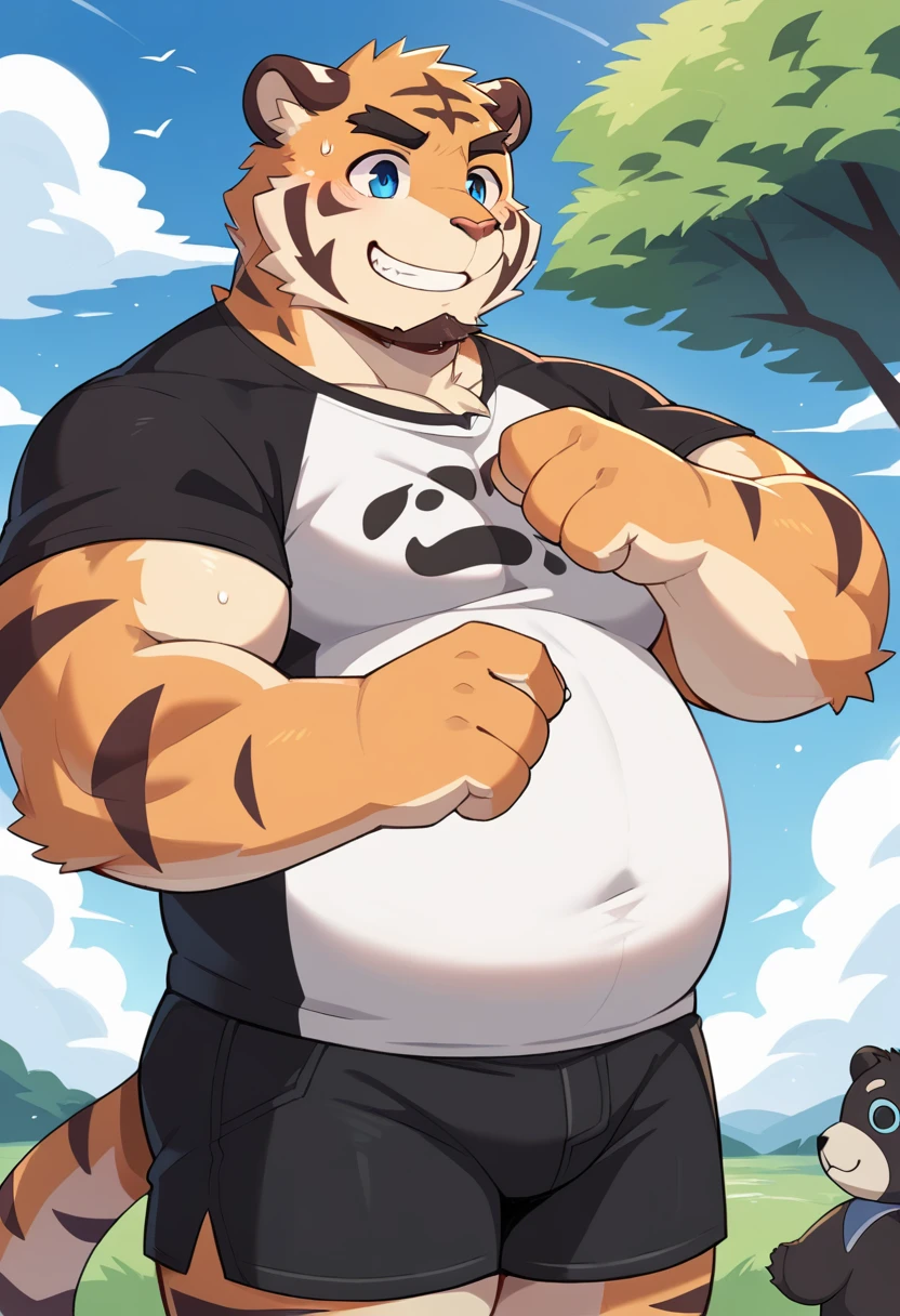 NJ5furry,tiger，solitary，Beast field，chubby，Thick arms，Strong muscles，shorts，Plush，Chubby face，Black eyebrows，Sky blue eyes，beard，Smile，（Simple background），（White T-shirt，shorts），（sweat）,by zixiong, Takemoto Arashi