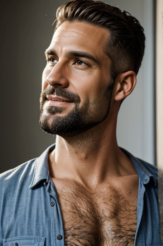 42 year old man, muscular, green eyes, sitting with legs open, Marking package in underwear and smiling