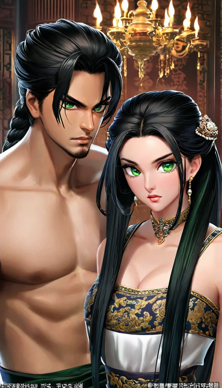 Style: Realistic and fantasy-style anthropomorphic character design:
Prince Amal: 27 years old、a muscular build、Short, trimmed brown hair、blue eyes。Angry and disappointed expressions。
Nadia: 23 years old、Olive skin、Long, luxurious black hair tied up in intricate braids、Green Eyes。Expressions of shock and regret。
Background and environment:
The palace room: The interior is lavishly decorated。Lined with luxurious furniture and paintings、The chandelier shines on the ceiling。The entire room exudes royal grandeur and wealth.。
Light and shadow:
The lighting in the room accentuates the tension between the two.。Bright lighting emphasizes the characters&#39; expressions.、The shadows bring out their emotions.。
Overall atmosphere:
Scenes that convey tension and conflict。The conflict of emotions is contrasted with the splendor of the palace.。