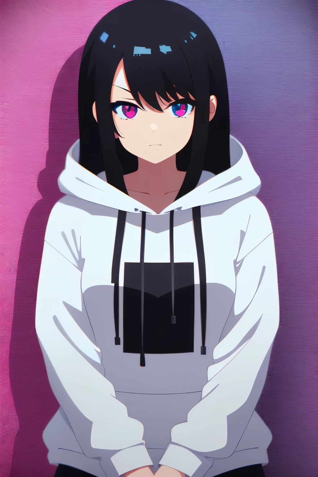 Create a colorful image of a girl with dark hair, wearing a white hoodie, in a modern style with old aesthetic influences, combining cartoon, anime, and pixel art elements. The image should have a vibrant and contemporary feel while maintaining a touch of vintage, cartoony, and pixelated appearance.