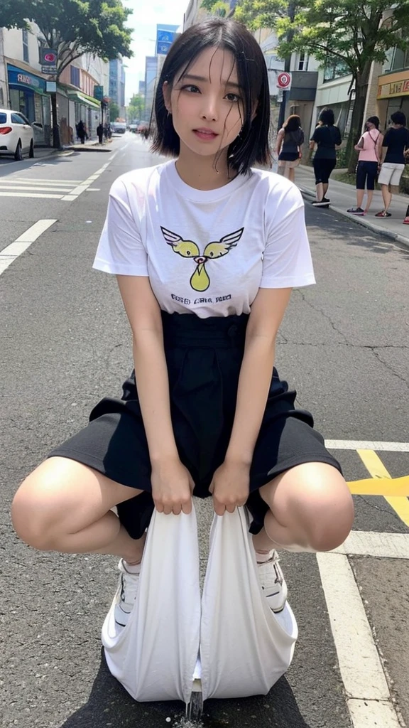 ### base ###
solo,1 girl,woman,20yo, japanese, (Natural black hair, drill hair)
### clothing ###
(white T-shirt, tight T-shirt:1.4), Ivory pleated skirt,
### situation ###
(Busy downtown area:1.2), Outdoor,
### addition ###
Spread legs, squatting, ### posture
(embarrassed,blush:1.3), (ecstasy:1.3) ,(slut:1.2),(vulgarity:1.3),(fucked silly:1.1),(steam:1.1),(wet:0.8),(trembling:0.8),(tears:0.7) ,(drooling:0.6),(sweat:0.8),Downcast eyes,
(Peeing, pee dripping:1.5), water soaking at your feet,