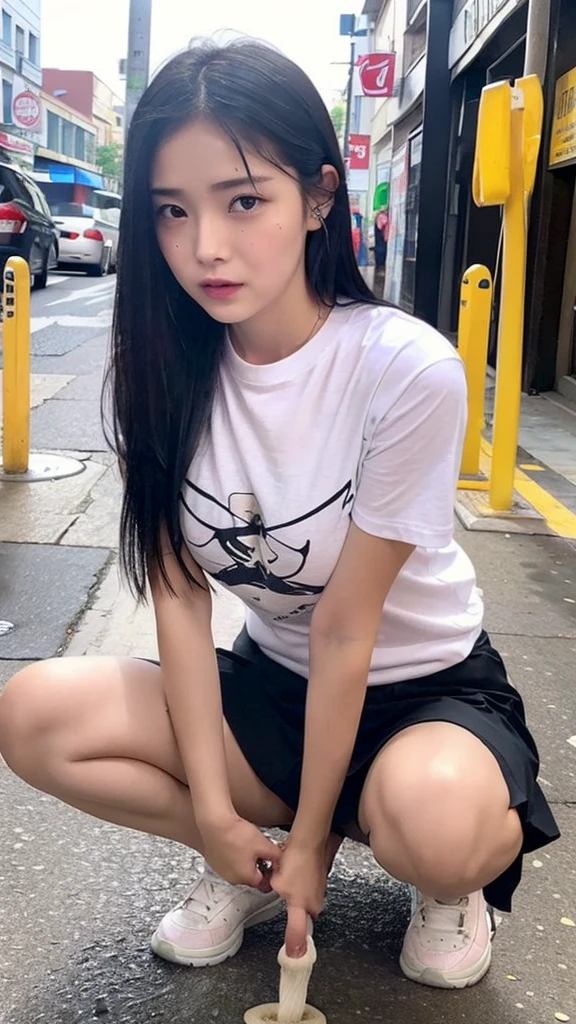 ### base ###
solo,1 girl,woman,20yo, japanese, (Natural black hair, drill hair)
### clothing ###
(white T-shirt, tight T-shirt:1.4),  Ivory pleated skirt,
### situation ###
(Busy downtown area:1.2), Outdoor,
### addition ###
Spread legs, squatting, ### posture
(embarrassed,blush:1.3), (ecstasy:1.3) ,(slut:1.2),(vulgarity:1.3),(fucked silly:1.1),(steam:1.1),(wet:0.8),(trembling:0.8),(tears:0.7) ,(drooling:0.6),(sweat:0.8),Downcast eyes,
(Peeing, pee dripping:1.5), water soaking at your feet,