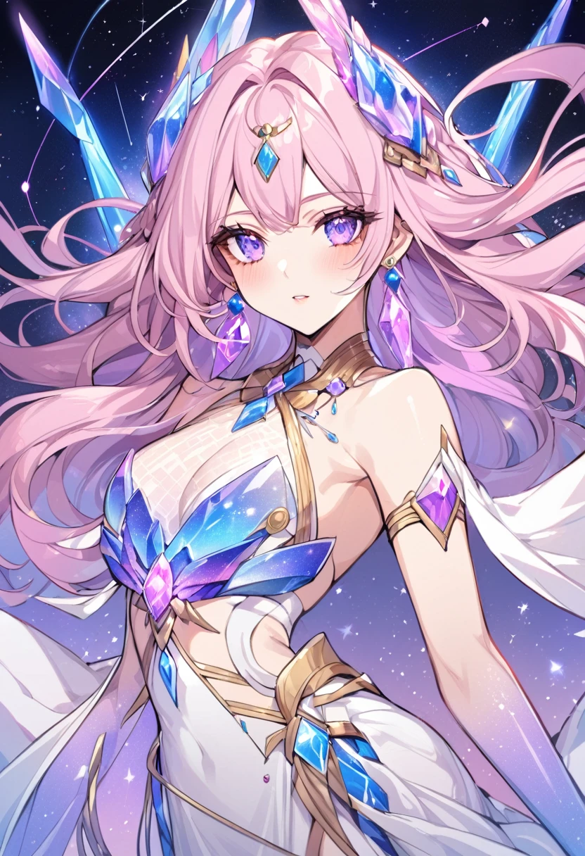 a beautiful adult woman, dressed like a galaxy goddess, she has the constellation ability like colorful crystal. she wears pink and purple crystal earrings, Manhwa style.