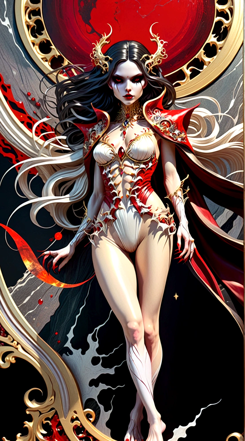 a beautiful illustration of a vampire woman with glowing eyes in an abstract marble texture with a tarot style frame, with colors of obsidian black, shiny gold, and ruby red, highly detailed, intricate design, BY Anne Bachelier,