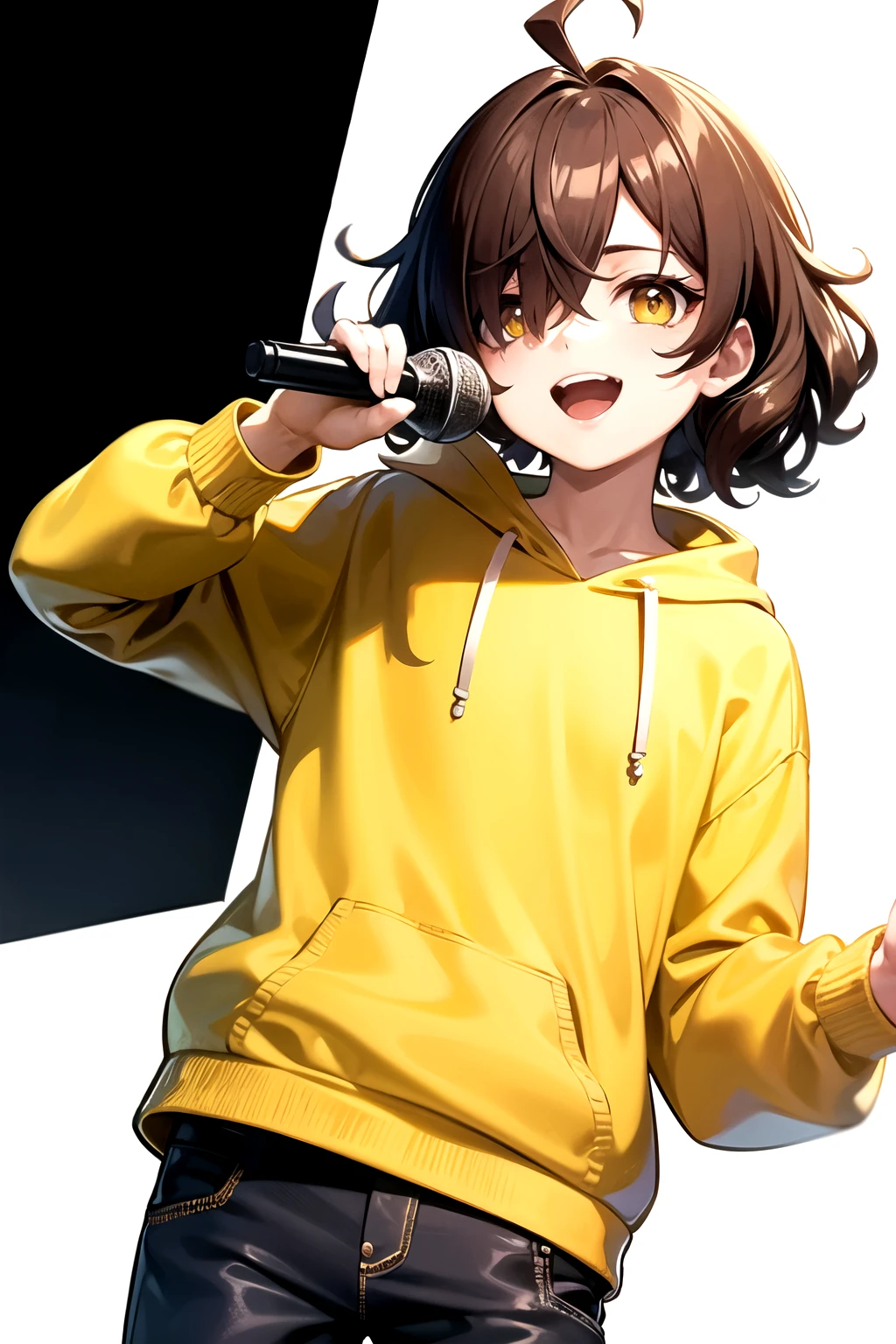 masterpiece, Highest quality, Super detailed, figure, 1 person,boy, Yellow Eyes, Hair hanging over one eye,Brown Hair,Perm,Ahoge,short,Wearing a plain yellow hoodie,Hold the microphone,White background,