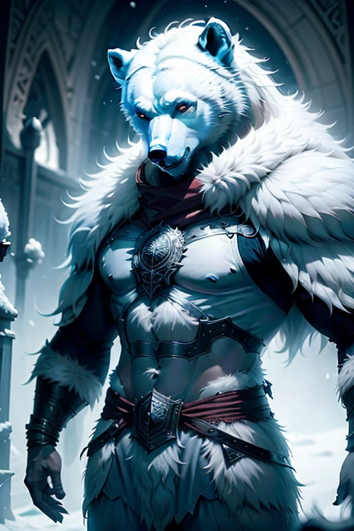 (((Polar Bear))) standing still looking at the sky Medium muscular, frozen planet setting, snowstorm , zoomed in on crotch, , chunie, darkgem, He uses an old, torn blanket made of animal hide as a garment to protect His body from the extreme cold.
