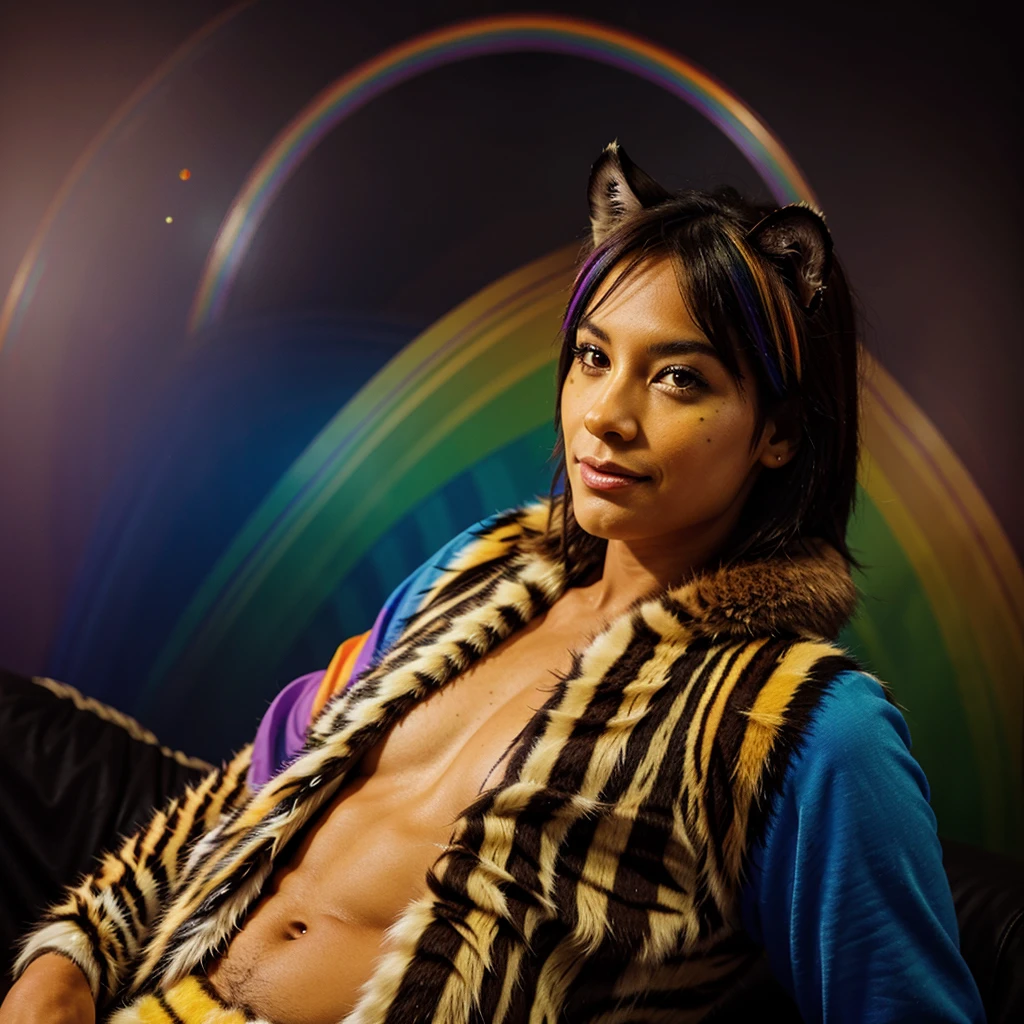 A normal tiger with colorful rainbow fur
