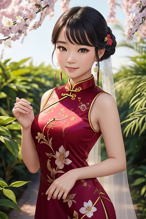 The image depicts a delicate and charming , dressed in a high-resolution pixelated suit and a pair of stylish gloves. The face with a soft, velvety texture features a little plump cleavage, a soft, red glossy lips, (best quality), (Super detailed), and the words "Extremely detailed," featuring a beautiful cheongsam. In the background, the words "Evoquel Cheongsam" and "Join the Adventures of Fleety Tales" are arranged in a mesmerizing visual representation. The child's eyes, with a wide, expressive smile, adorn the overall image, conveying the love of cheongsam to all who hear its gentle form. To the left, the image is a representation of a lush garden with flowers and trees. The image is infused with the essence of cheongsam's magical and whimsical aesthetic, as the family and friends alike swoop and play in the trees. Or