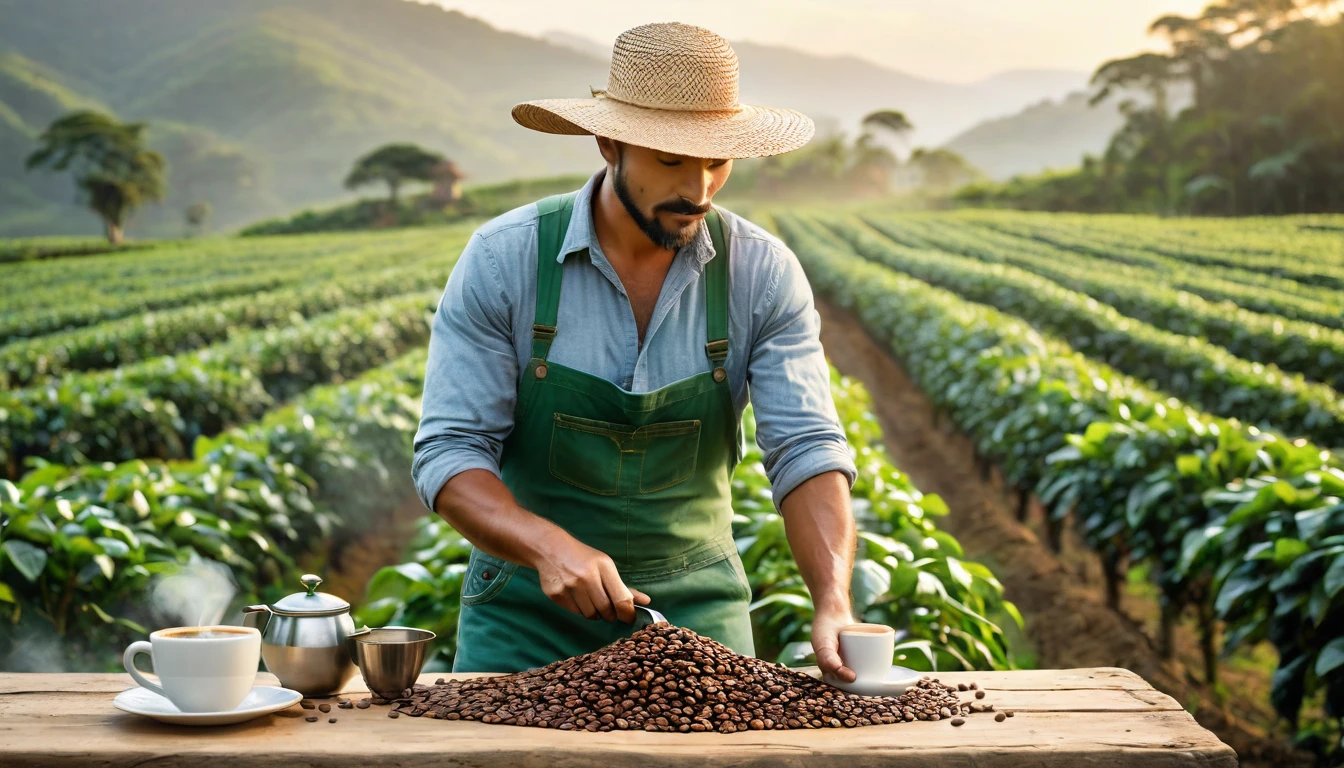 Create an image for a coffee advertising campaign with the following scenario: A green field with coffee plantations at dawn. In the center of the image, a robust and determined man, wearing practical work clothes (jeans, long-sleeved shirt and straw hat), is harvesting coffee beans with a look of pride and satisfaction. Next to him is a rustic table with a steaming cup of coffee, an antique coffee pot, and scattered coffee beans. The lighting is soft and natural, highlighting the beauty of the countryside and the man's dedication to his work. Add a slogan at the top of the image that says "Strength and Dedication in Every Grain."