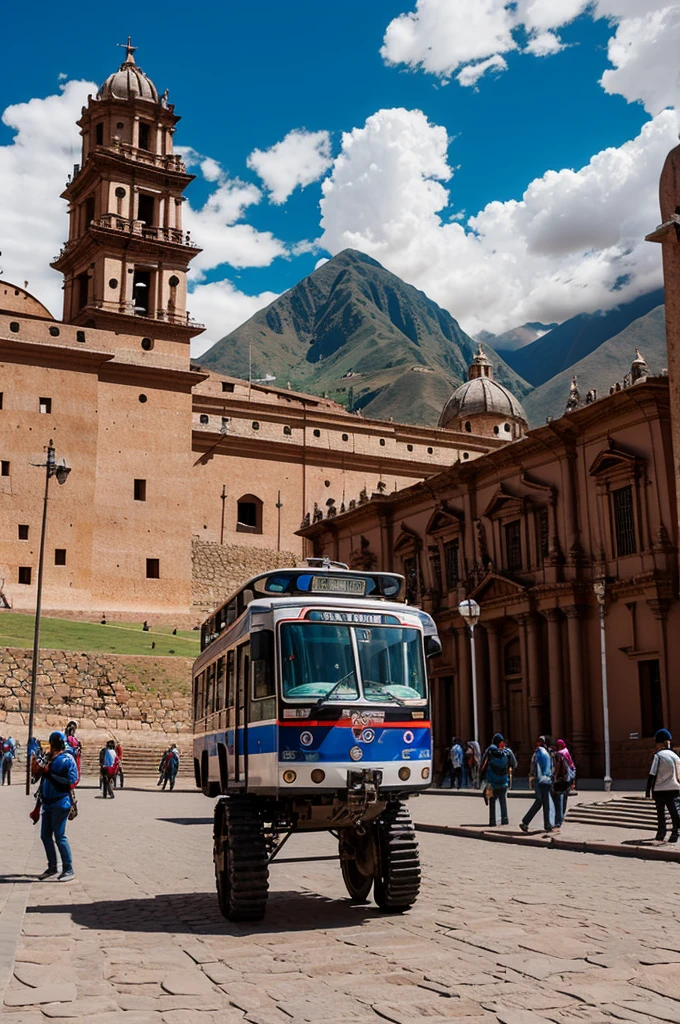 Perú futurista destacando plaza de armas de cusco con teleférico 🚠 y otras tecnologías futuristas como los robot como guia, etc.futuristic sky with layers