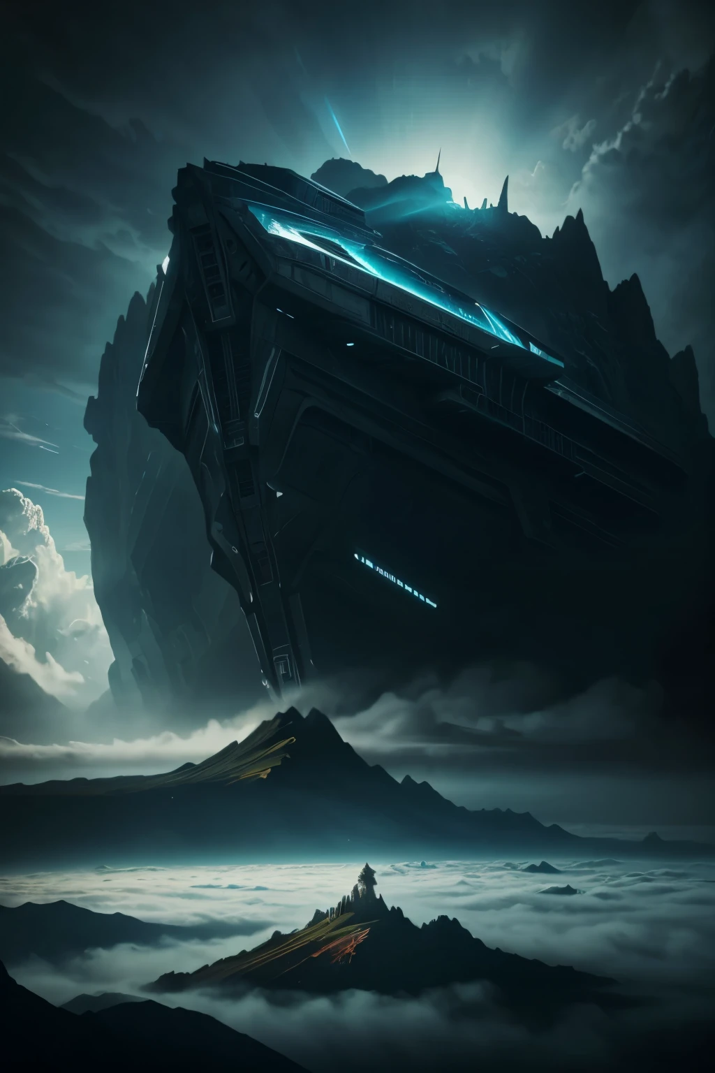 a majestic griffin, floating mountain island, vast ocean of clouds, photorealistic, cinematic lighting, dramatic composition, epic scale, hyperdetailed, fantasy landscape, gritty sci-fi, detailed mechanical spaceship, lone astronaut, exploration, derelict, dark and moody, volumetric fog, dramatic shadows, vibrant colors