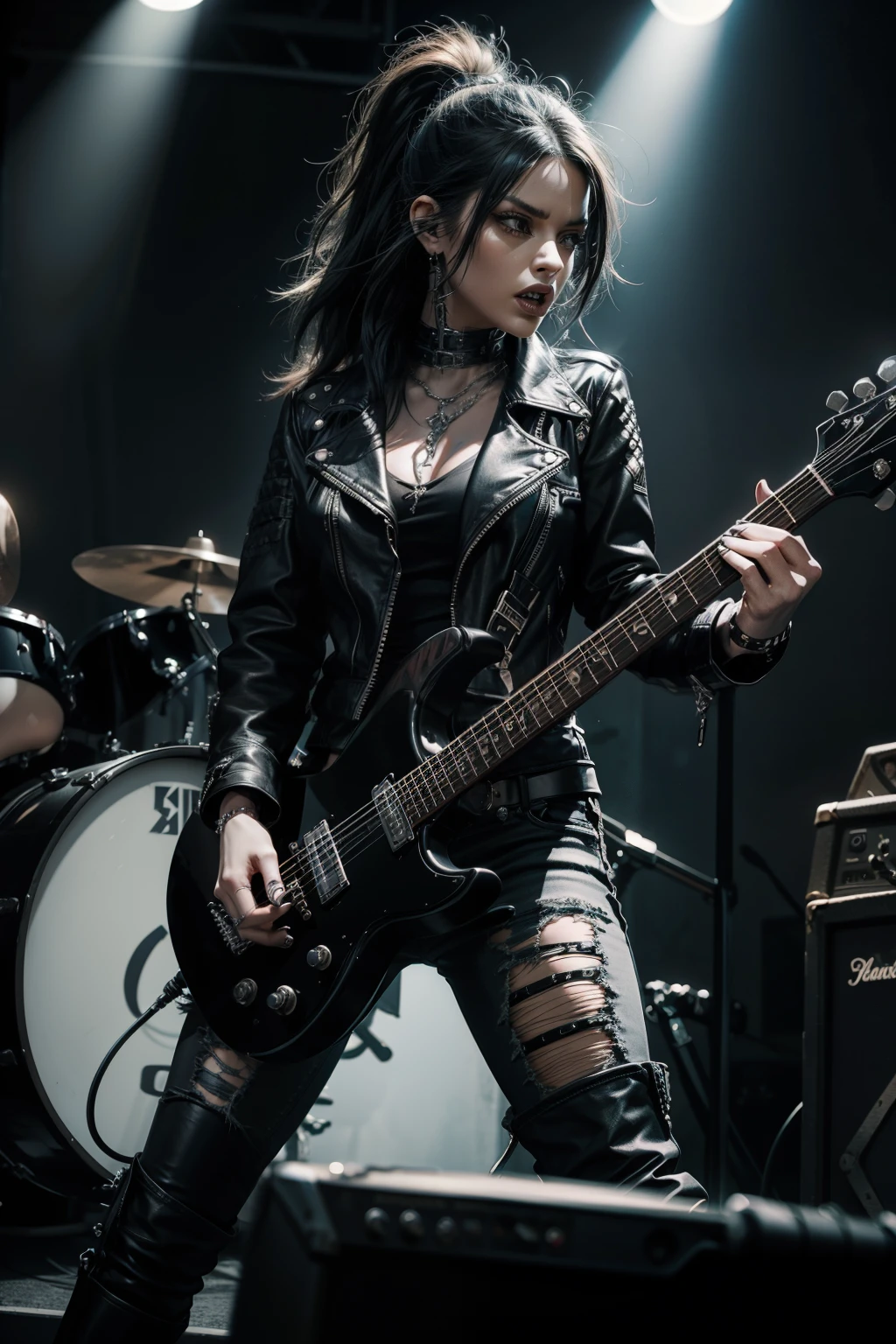 Heavy metal, biker chick with chains and spikes, ferocious expression, powerful female rock star, black leather, dressed in black leather jacket and torn jeans, dark eyeliner and black lipstick, heavy music, fierce woman, standing tall, epic guitar solo, guitar on fire, woman solo electric guitar, female guitarist of metal, woman playing the guitar, electric guitar made of metal, flames on stage, female rocker playing a concert,
