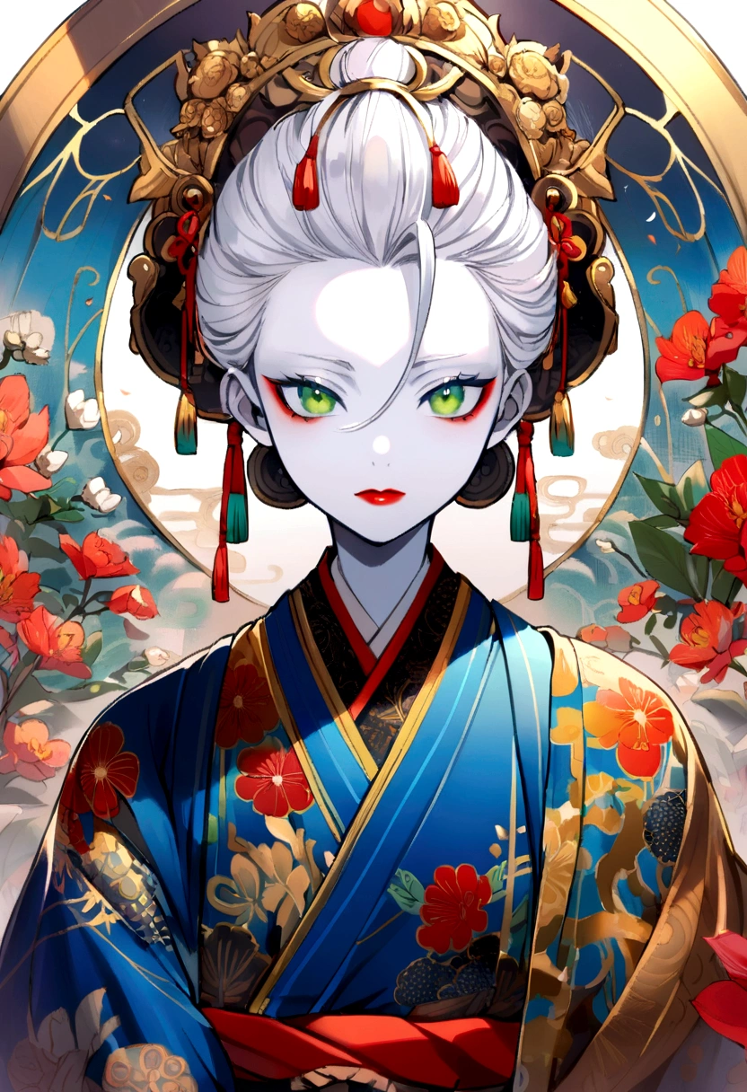  boy with white hair and green eyes, white skin and red lips, dressed in a blue kimono 