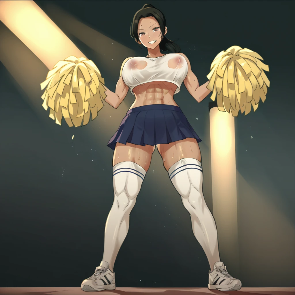 laliberte,1girl, full body, standing, from below, brown eyes, parted lips, forced smile, black hair, high ponytail, tanned skin, muscular, large breasts, nipples, defined abs, curvy, white crop top, glitter, micro pleated skirt, thigh highs, sneakers, pom-poms, gym, warm lighting, sweat, mature female, milf,athletic pose, nsfw