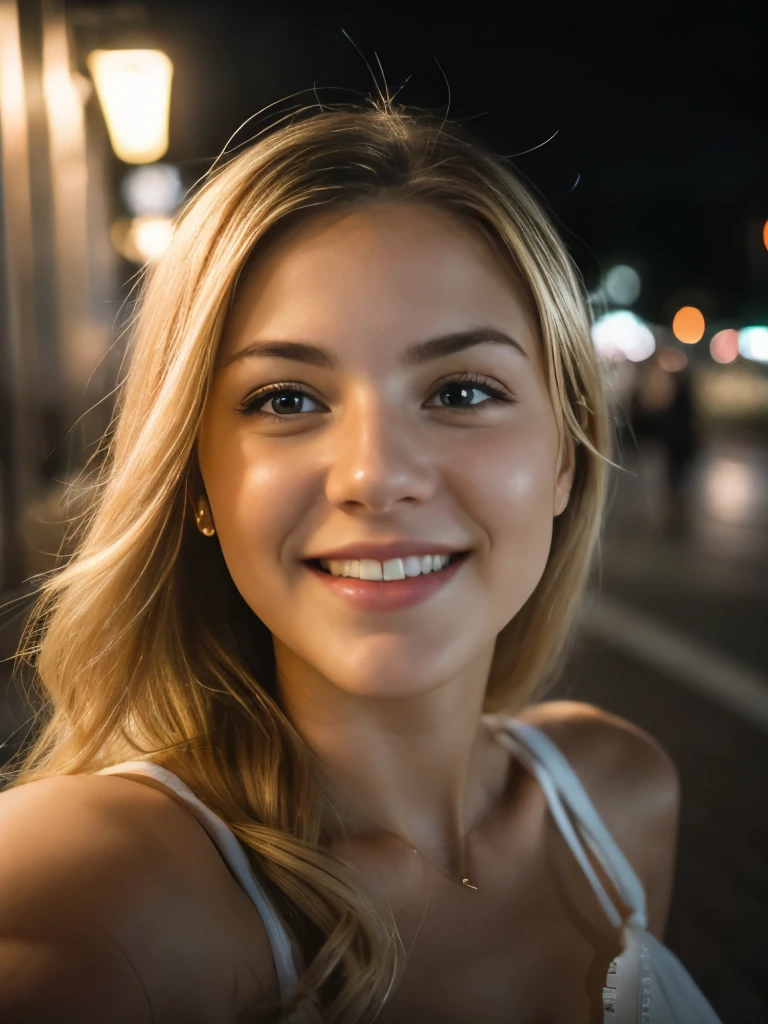 (28 mm lens, high angle shot)1 woman, 23 years old, American, beautiful, ((upper body selfie, happy)),  Beautiful backlight,Masterpiece, Best Quality, Ultra-detailed, Solo, cheerful, happy, Cosy. clear skies, analog style (looking up at viewer:1.2) (skin texture) (film grain:1.3), (warm hue, warm tone:1.2), close-up, Cinematic light, Sidelighting, ultra-Highres, best shadows, raw, upper half body, wearing loose summer dress, Relaxed and intimate photos, blonde hairs, outside, dark cyber mega city scenery at night.Blurry background.