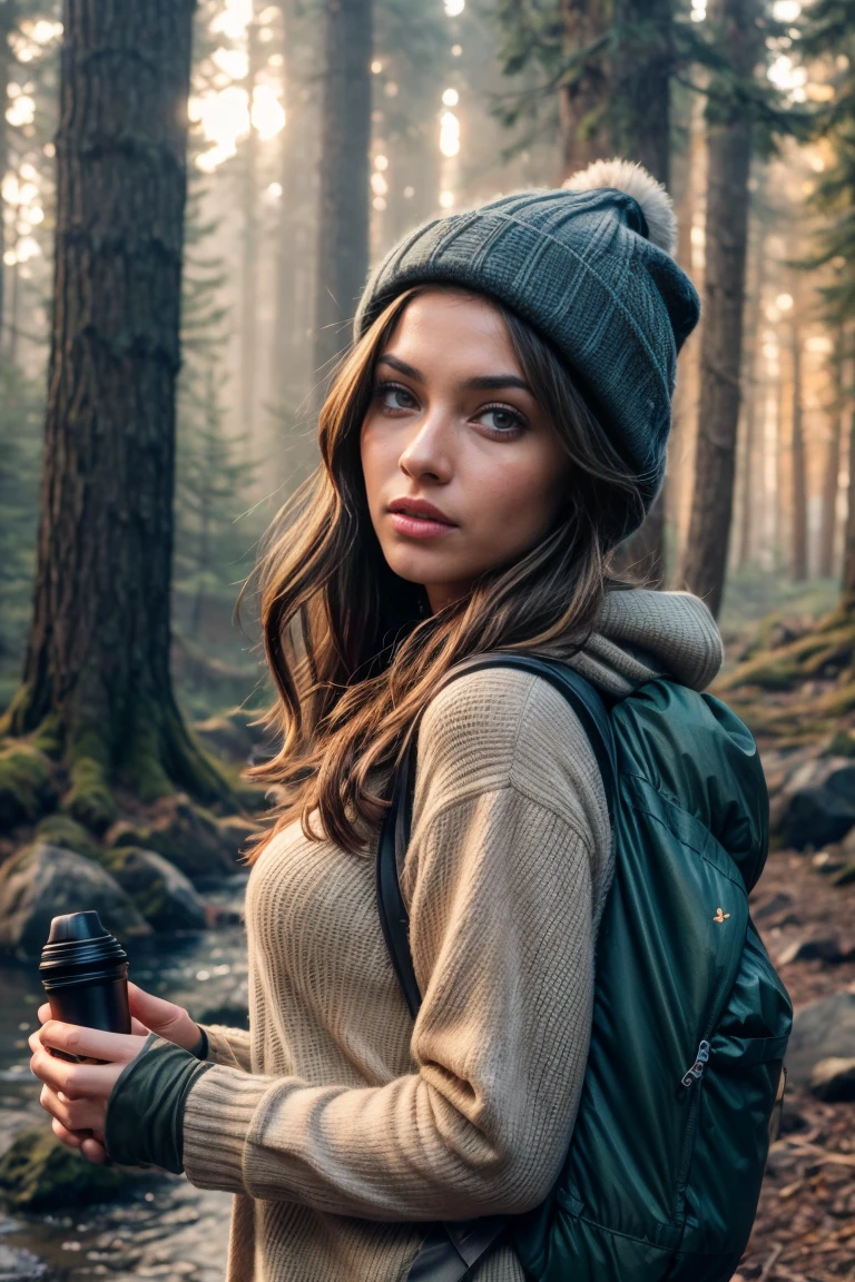 (brunette women), (perfect body), (16k,8k,4K,HD,UHD), (((ultra realistic))), (upper body selfie, happy)), masterpiece, best quality, ultra-detailed, solo, outdoors, (night), mountains, nature, (stars, moon) cheerful, happy, backpack, sleeping bag, camping stove, water bottle, mountain boots, gloves, sweater, hat, flashlight, forest, rocks, river, wood, smoke, shadows, contrast, clear sky, analog style (look at viewer:1.2) (skin texture) (film grain:1.3), (warm hue, warm tone) :1.2), close up, cinematic light, sidelighting, ultra high res, best shadow, RAW, upper body, , wearing pullover kodak vision 3,