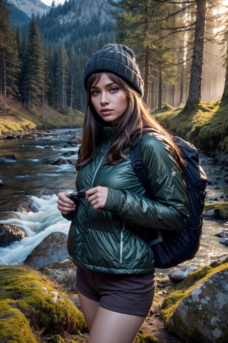 (brunette women), (perfect body), (16k,8k,4K,HD,UHD), (((ultra realistic))), (upper body selfie, happy)), masterpiece, best quality, ultra-detailed, solo, outdoors, (night), mountains, nature, (stars, moon) cheerful, happy, backpack, sleeping bag, camping stove, water bottle, mountain boots, gloves, sweater, hat, flashlight, forest, rocks, river, wood, smoke, shadows, contrast, clear sky, analog style (look at viewer:1.2) (skin texture) (film grain:1.3), (warm hue, warm tone) :1.2), close up, cinematic light, sidelighting, ultra high res, best shadow, RAW, upper body, , wearing pullover kodak vision 3,